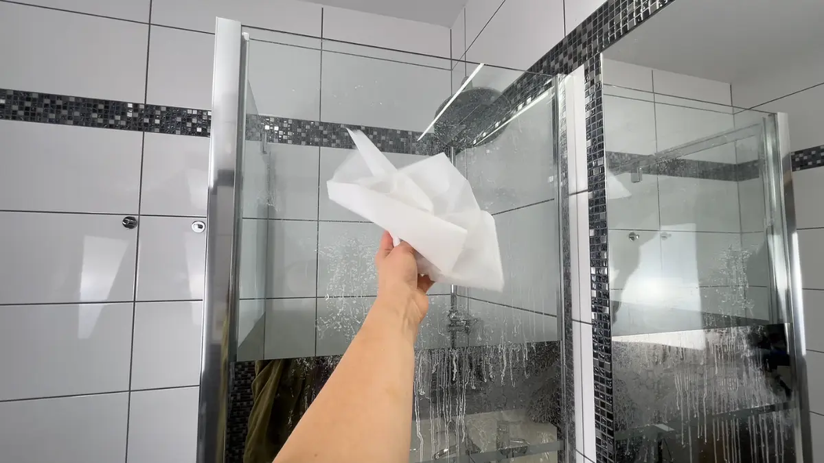 Mycie kabiny prysznicowej mokrym papierem do pieczenia