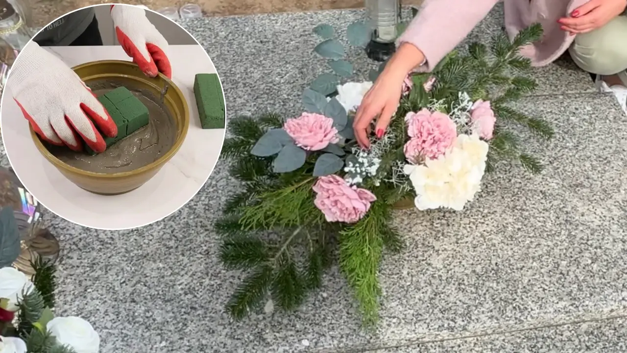 Układanie dociążonej cementem wiązanki na pomniku oraz zbliżenie w okręgu na zatapianie gąbki florystycznej w cemencie