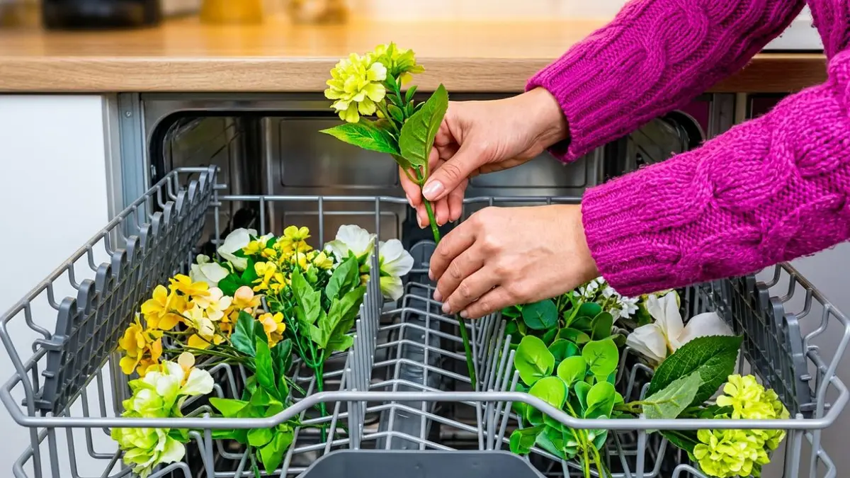 Sztuczne kwiaty z plastiku ułożone i zabezpieczone na koszu w zmywarce