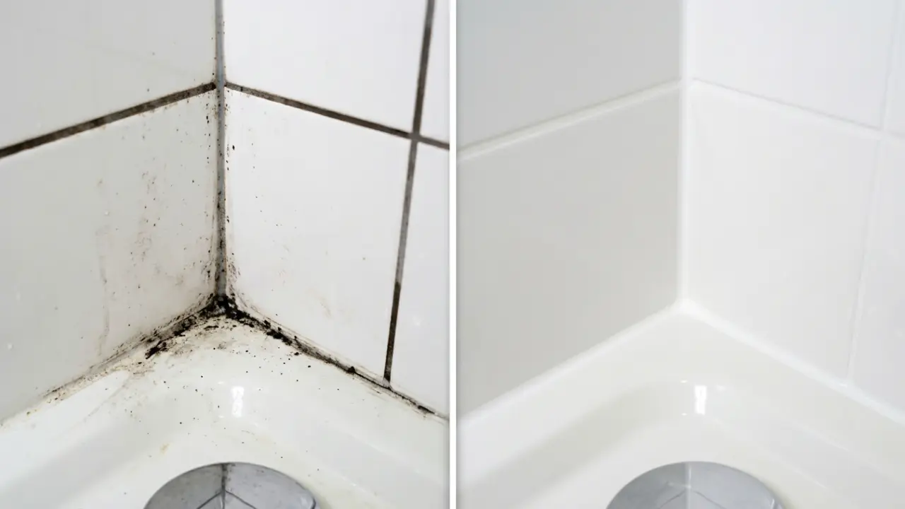 Efekt przed i po usunięciu czarnej pleśni i grzyba z silikonu w brodziku prysznicowym