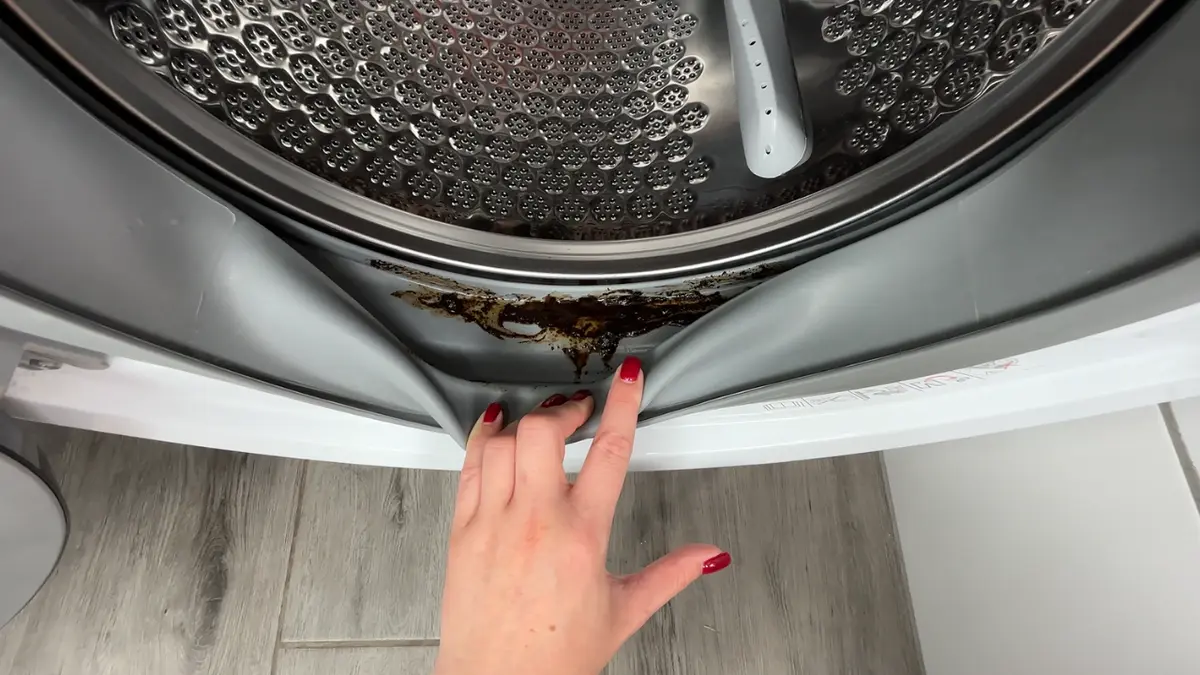 Odchylona guma w pralce ujawniająca pleśń i brud, które powodują zapach stęchlizny